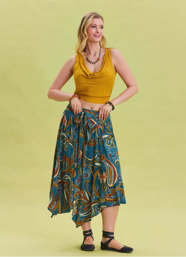 Petrol Midi Skirt with Waist Tie and Gipe Detail 4505